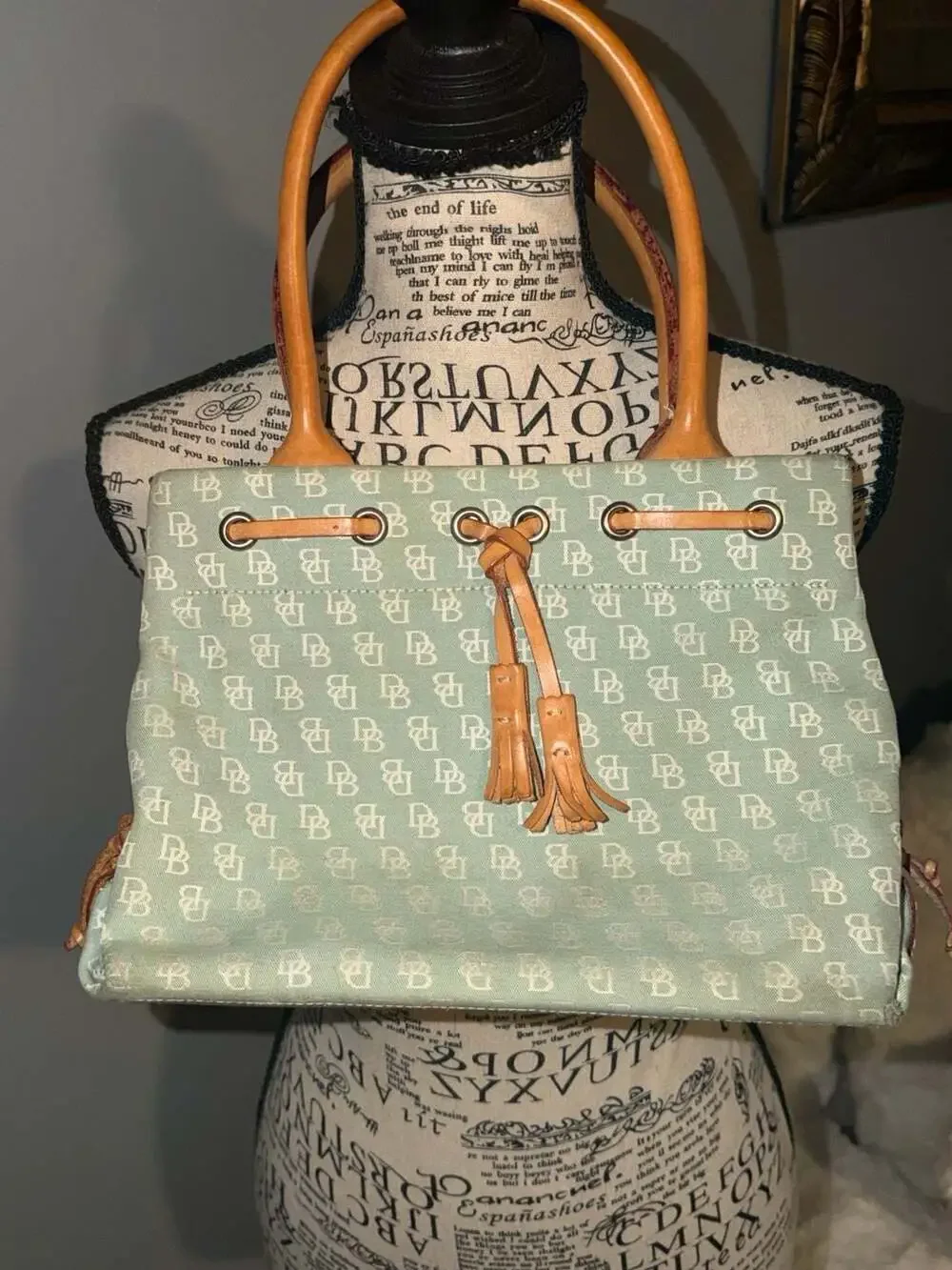 Vintage Dooney & Bourke Small Monogram Canvas Tassel Drawstring Tote Bag